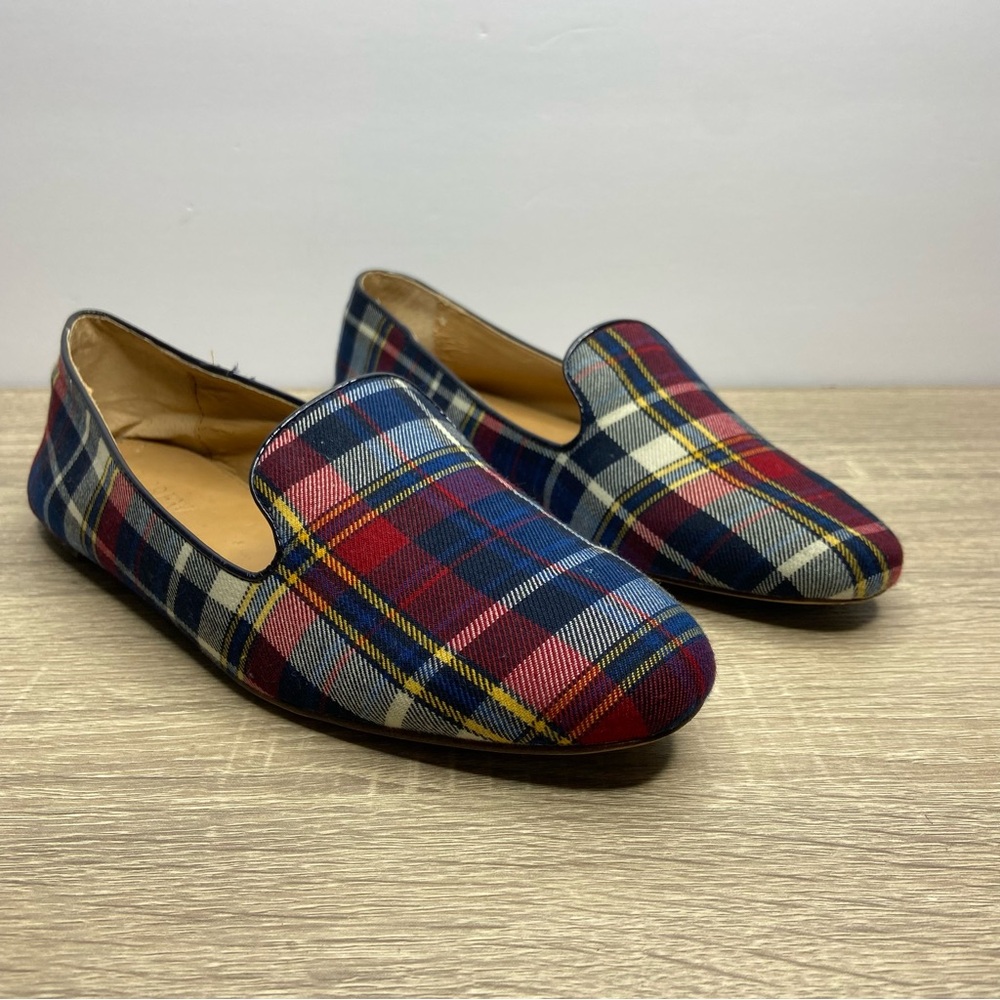 J.  Crew Red Navy Plaid Flat Loafers Size 7.5